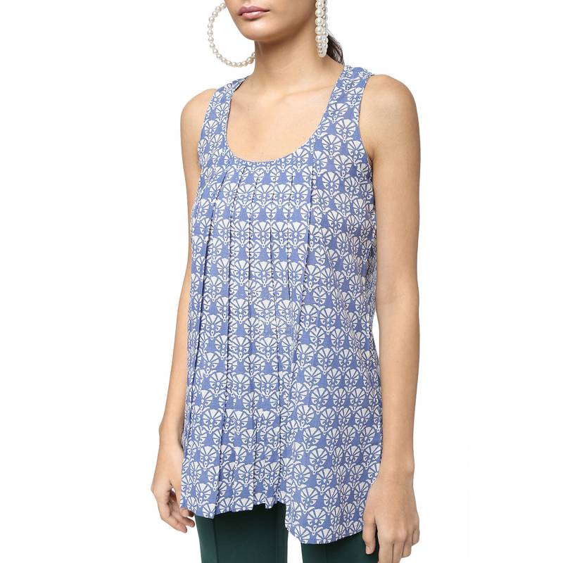 Blue Block Print Cotton Sleeveless Top