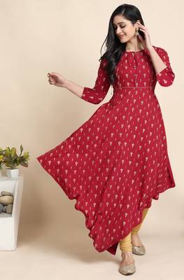 Janasya Maroon printed crepe ethnic kurtis 1