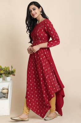 Janasya Maroon printed crepe ethnic kurtis 2