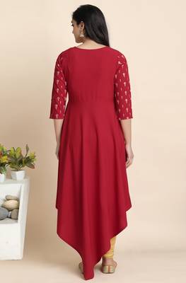 Janasya Maroon printed crepe ethnic kurtis 4
