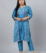 Blue printed art silk kurtas-and-kurtis