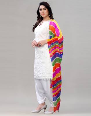 White Cotton Embroidered, Embellished Punjabi Salwar Suit (Unstitched) 2