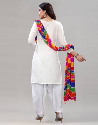 White Cotton Embroidered, Embellished Punjabi Salwar Suit (Unstitched) 3