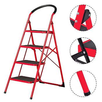 NFI essentials 4-Step Household Foldable 4 Steps Indoor Iron Steel Ladder; Holds Up to 150 Kg (Red) 5