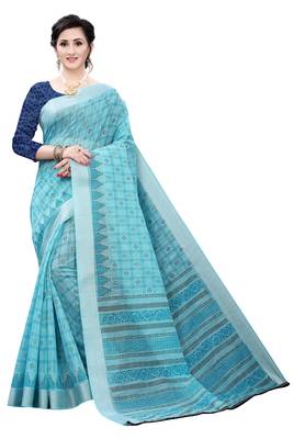 Sky blue printed cotton saree with blouse 1