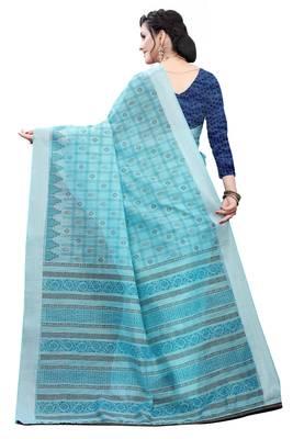 Sky blue printed cotton saree with blouse 2