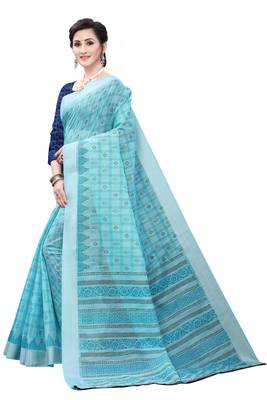 Sky blue printed cotton saree with blouse 3