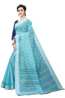 Sky blue printed cotton saree with blouse