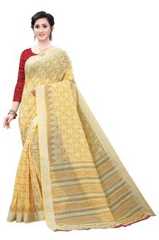 Yellow Printed Cotton Saree With Blouse