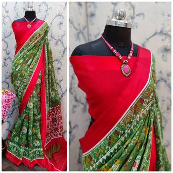 Parrot green printed cotton saree with blouse 1