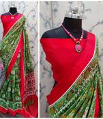 Parrot green printed cotton saree with blouse