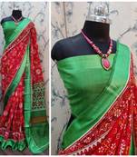 Red printed cotton saree with blouse