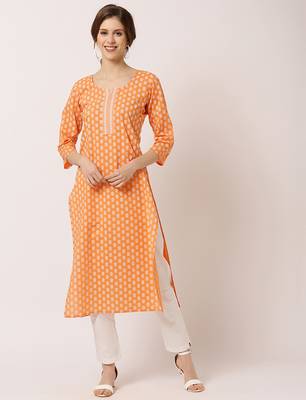 Orange printed cotton ethnic-kurtis 1