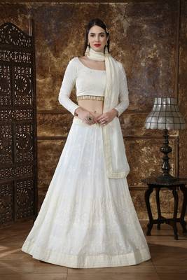 Off-white embroidered georgette semi stitched lehenga 1