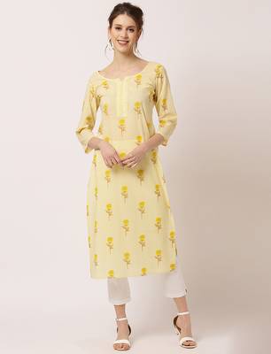 Yellow printed cotton ethnic-kurtis 1