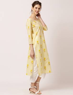 Yellow printed cotton ethnic-kurtis 2