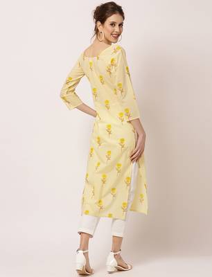 Yellow printed cotton ethnic-kurtis 3