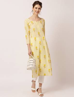 Yellow printed cotton ethnic-kurtis 5