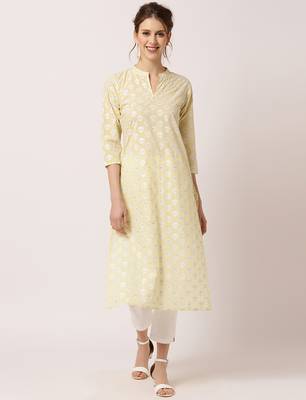 Yellow printed cotton ethnic-kurtis 1