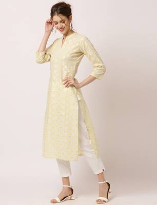 Yellow printed cotton ethnic-kurtis 2