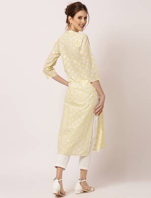 Yellow printed cotton ethnic-kurtis 3