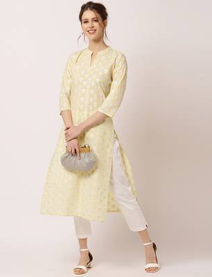 Yellow printed cotton ethnic-kurtis 5
