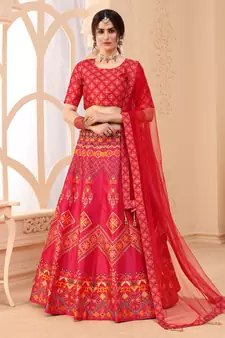 Pink digital printed art silk bridal lehenga