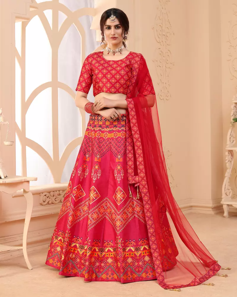 Pink digital printed art silk bridal lehenga
