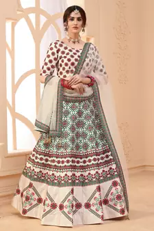 Beige digital printed art silk bridal lehenga