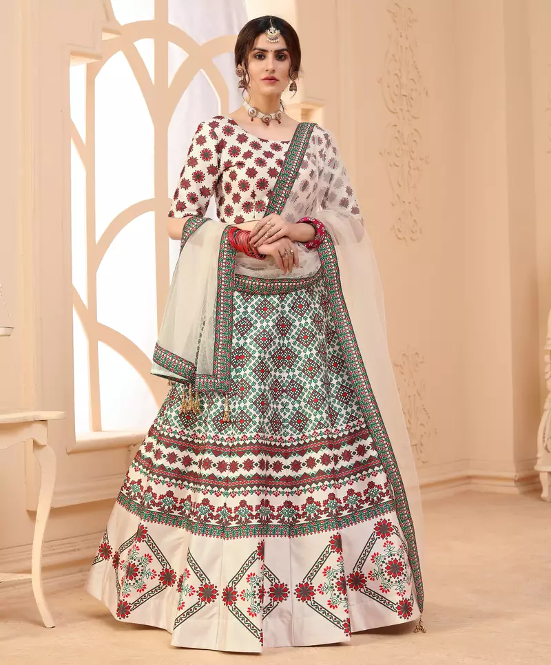 Beige digital printed art silk bridal lehenga
