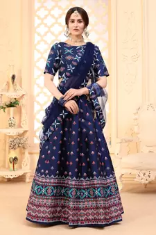 Navy-blue digital printed art silk bridal lehenga