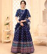 Navy-blue digital printed art Silk Bridal Lehenga