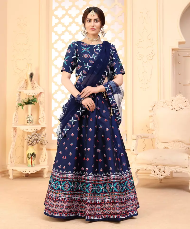 Navy-blue digital printed art silk bridal lehenga