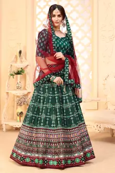 Green digital printed art silk bridal lehenga