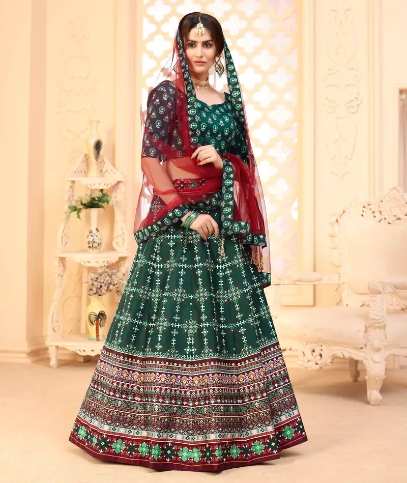 Green digital printed art silk bridal lehenga