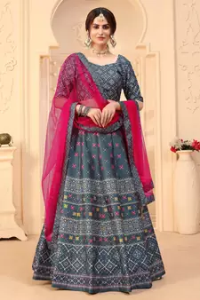 Grey digital printed art silk bridal lehenga