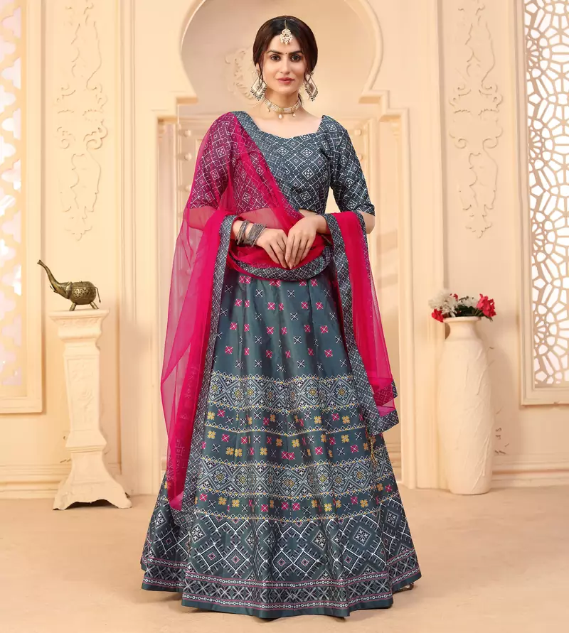 Grey digital printed art silk bridal lehenga