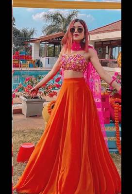 Orange embroidered georgette semi stitched lehenga 1