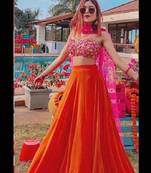 Orange embroidered georgette semi stitched lehenga