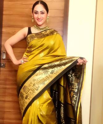 Yellow woven banarasi silk saree with blouse 1