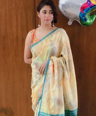 Mustard printed linen saree with blouse 6