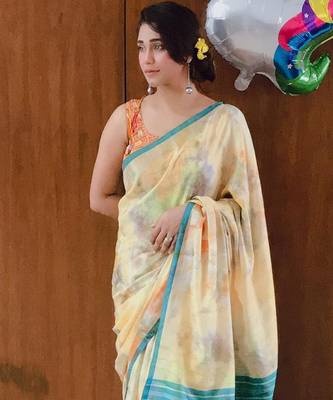 Mustard printed linen saree with blouse 7