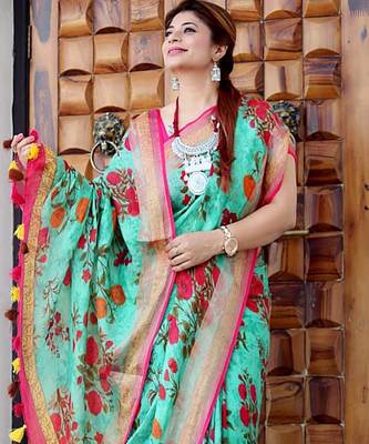 Multicolor Linen Digital Print Saree With Blouse 1
