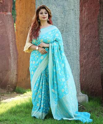 Sky Blue Pure Chiffon Banarasi Silk Saree 6