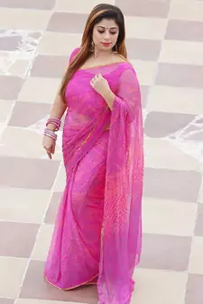 pink printed bandhej chiffon saree with blouse