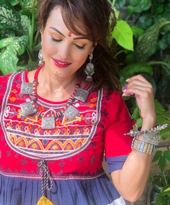 Red Yoke And Parrot Motif Panel Embroidered Kedia And Navy Blue Tulip Pants Set 7
