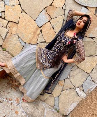 Blue Embroidered Net Semi Stitched Salwar With Dupatta 5