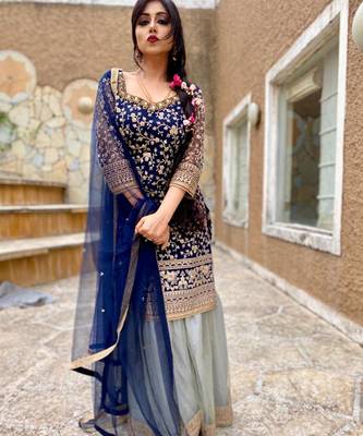 Blue Embroidered Net Semi Stitched Salwar With Dupatta 6