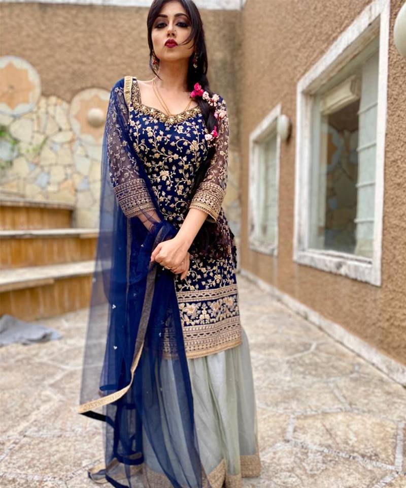 Blue Embroidered Net Semi Stitched Salwar With Dupatta