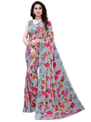 Grey printed georgette saree with blouse 1